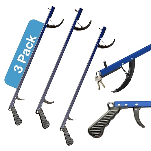 Sammons Preston Reacher, 26" Lightweight Grabber Reacher Tool with Magnetic Tip, Ergonomic Grip & Claw Jaw, Portable Reaching Aid for Seniors, Daily Living & Home Use, Standard Blue, 3 pack