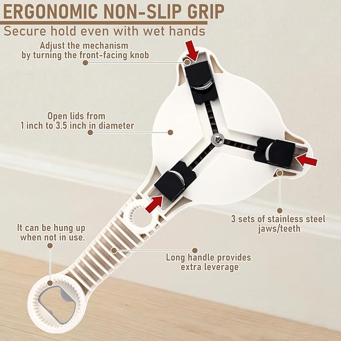 4-in-1 Strain Free Gripper Jar & Bottle Opener Easy Twist Can Opener for Tight Lids, Bottles, Ring Pull Cans for Weak Hands, Seniors, Arthritis