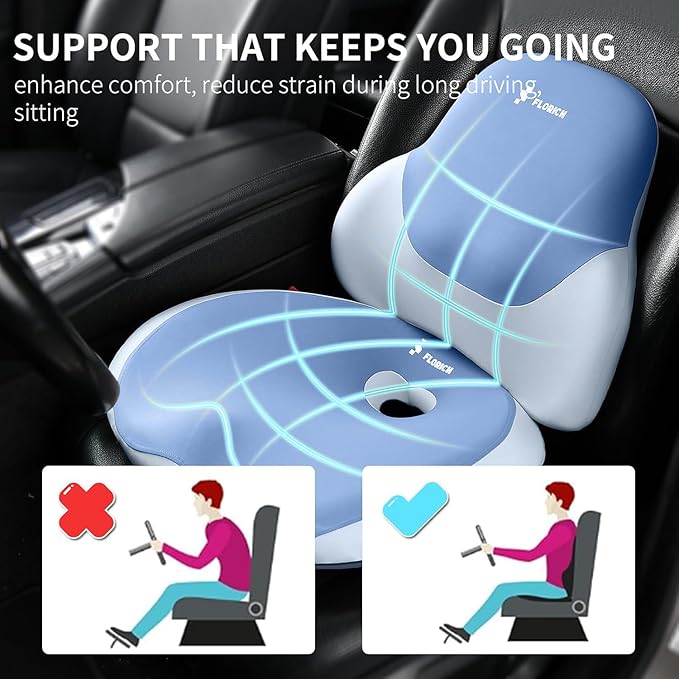 FLORICH Seat Cushion and Lumbar Support Pillow for Office Chair Car Neck Headrest Pillow Memory Foam Seat Pads Pressure Relief Back Cushion and Carseat Pads(Blue)