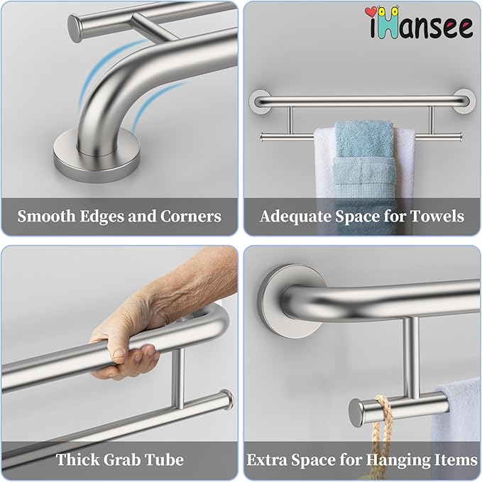 Brushed Nickel Grab Bar 24 Inch w/Towel Holder, iHansee Stainless Steel Towel Rack Shower Support Balanced Support Handle, Wall Mount Safety Handrail Grab Rail for Elderly Senior Handicap Disabled
