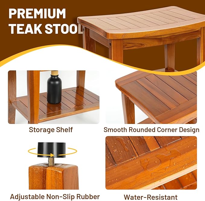 20" Premium Teak Shower Bench with Shelf & Handle, Solid Teak Shower Stool, Durable Wooden Waterproof Seat for Inside Shower, Teak Wood Bench for Bathroom, Indoor & Outdoor Use