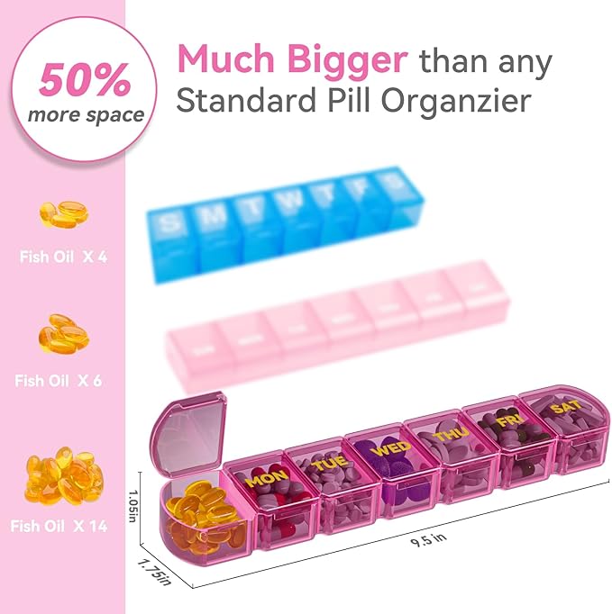 Large Pill Organizer Weekly - SHIJOINYU 7 Day Pill Box with Easy-Open Design, Daily Medicine Pill Organizer for Vitamins, Supplements, Fish Oils and Medications - Pink