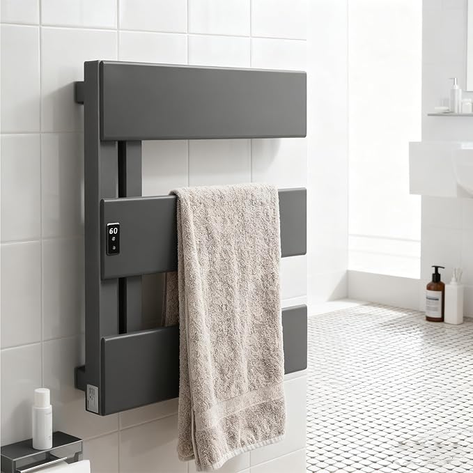 Verida Towel Warmer Rack, Support Hardwired and Plug-in, Wall-Mounted Electric Towel Heater, with Built-in Timer, Waterproof Aluminum Towel Warmer for Bathroom, LV-3S Gray