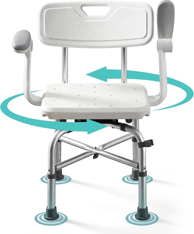 Lamberia Shower Chair for Inside Shower with Arms and Back, 500lbs Heavy Duty 360° Swivel Bathtub Seats, Height Adjustable Safety Bath Seat for Elderly, Adults, Handicap and Disabled(Adjustable Arms)