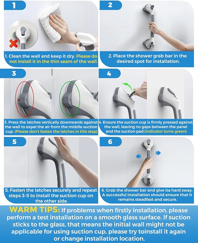 2 Pack 16.5" Suction Grab Bars for Showers with Safety Indicator, No-Drill 4mm Thickened Handicap Shower Handle for Seniors, Non-Slip Bathroom Balance Rail for Smooth Tiles & Tubs