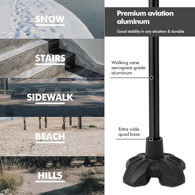 KINGGEAR F1 Walking Stick, Walking Cane for Women & Men with Wrist Strap, Lightweight & Sturdy Offset EVA Handle, Large Quad Base, Self Standing for Seniors and People with Injuries & Recovery
