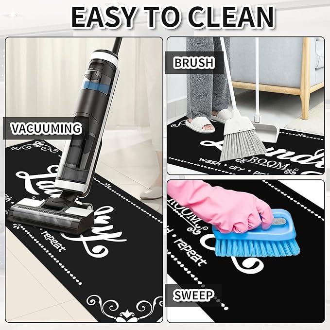 XLHOMO Non-Slip Laundry Room Rug, 17.7"x45" Black Laundry Mat, Washable Farmhouse Runner for Laundry Room, Kitchen, Bathroom & Entryway