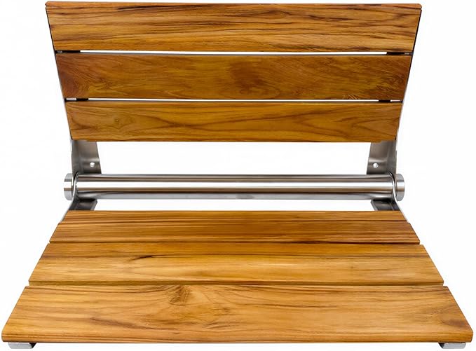 Teak Shower Seat Bench with Back - Wall Mounted Fold Up Shower Seat, Waterproof Folding Teak Bath Chair for Seniors, 304 Stainless Steel Frame, with 300 lbs Capacity - 18" Length, Polished