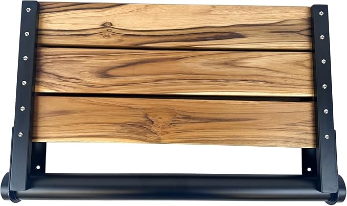 Teak Shower Seat Bench with Back - Wall Mounted Fold Up Shower Seat, Waterproof Folding Teak Bath Chair for Seniors, 304 Stainless Steel Frame, with 300 lbs Capacity - 18" Length, Matte Black