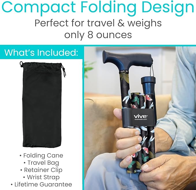Vive Folding Cane - Foldable Walking for Men, Women Fold-up, Collapsible, Lightweight, Adjustable, Portable Hand Stick Balancing Mobility Aid Sleek, Comfortable (Black Butterfly)
