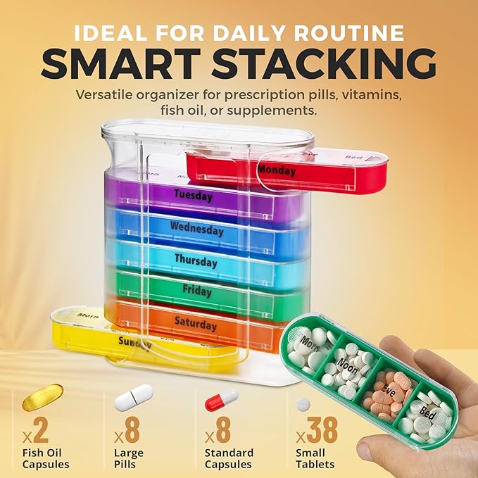 MEDca Weekly Pill Organizer, Four Times-a-Day, Pack of 2 Dispensers with Stackable AM/PM Compartments