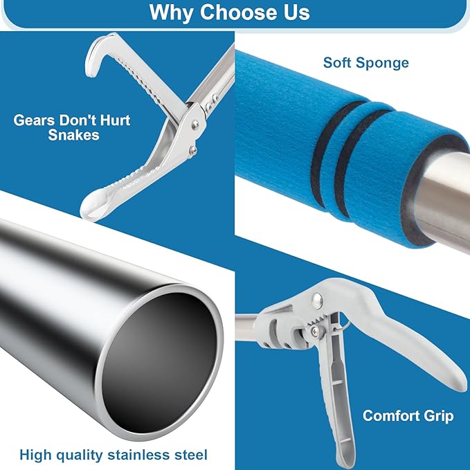 Snake Grabber Reacher Tool, 69" Snake Catcher Tongs Long Handle Heavy Duty Reptile Rattlesnake Catch Tongs Snake Tool Wide Jaw Stainless Steel Sponge Wrapped Handle (Blue)