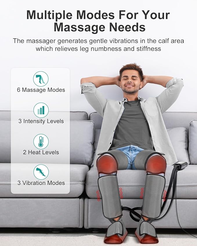 Nekteck Leg Massager for Circulation and Pain Relief, Air Compression Foot Calf Thigh Massager with 2 Heat and 3 Vibration Functions, 6 Modes 3 Intensities, Help for Muscles Relaxation