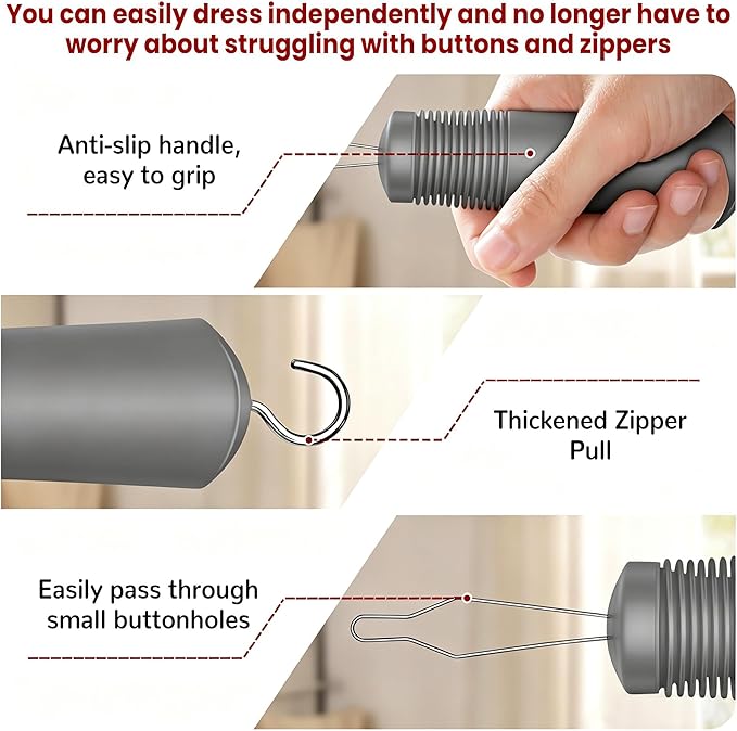 Button Hook with Zipper Pull, Button Assist Tool, Button Hook for Seniors, Disabled, Limited Hand Mobility, One Handed Button Helper Tool, Gifts for People with Disabilities, Gray