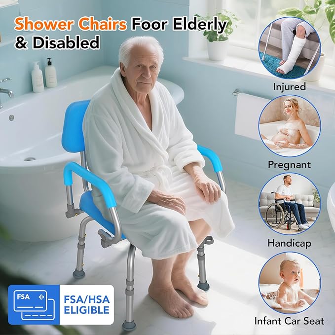 FSA/HSA Eligible Vnsod 360° Swivel Shower Chair for Inside Shower, Bath Chair for Elderly and Disabled, Adjustable Height and Padded Shower Seat with Back & Arms, 330lbs Non-Slip Stool for Inside Tub