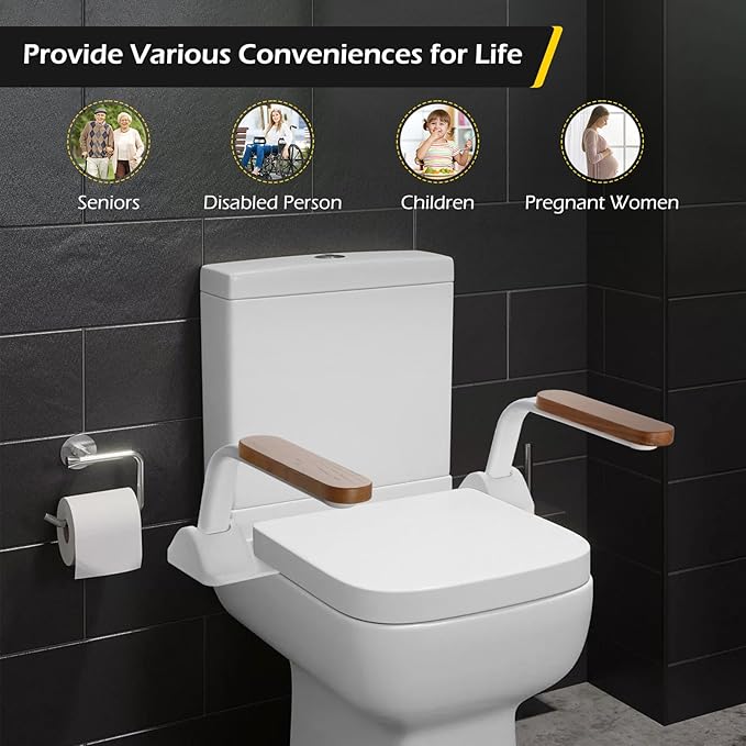 Dyna-Living Toilet Safety Rails 480lbs Toilet Safety Frame with Flip Up Non-Slip Wooden Armrest Handicap Toilet Rails, Toilet Assist Devices for Seniors Toilet Support Bars Toilet Riser for Elderly
