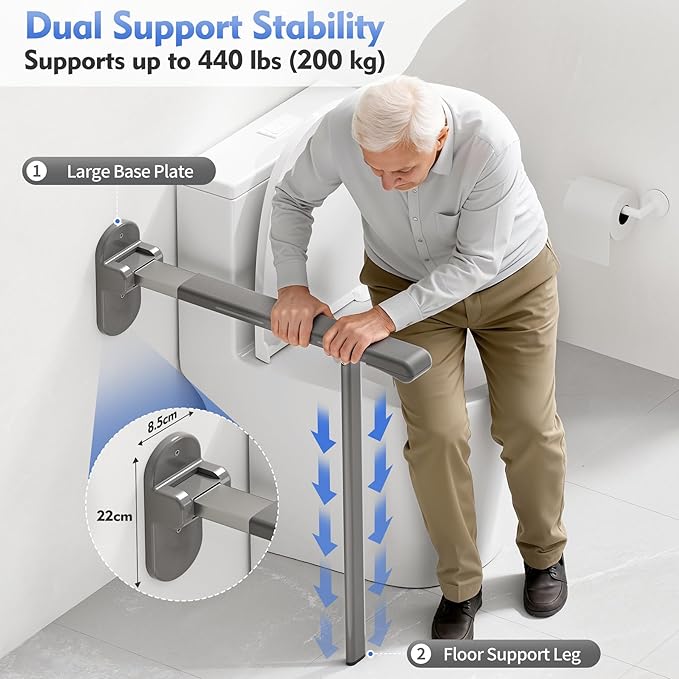 Flip Up Grab Bar with Support Leg, 26.8" high Toilet Safety Rails for Seniors, Wall Mounted Toilet Grab Bars for Disabled and Elderly, Space-Saving Foldable Handicap Bars for Bathroom