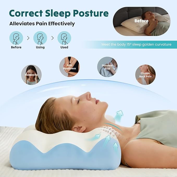 DUMOS Cervical Pillow for Neck and Shoulder, Contour Memory Foam Pillow, Ergonomic Neck Support Pillow for Side Back Stomach Sleepers with Pillowcase