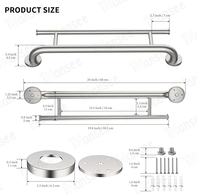 Brushed Nickel Grab Bar 24 Inch w/Towel Holder, iHansee Stainless Steel Towel Rack Shower Support Balanced Support Handle, Wall Mount Safety Handrail Grab Rail for Elderly Senior Handicap Disabled