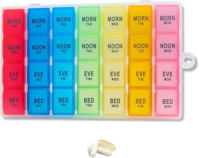 Weekly Pill Organizer 4 Times a Day, 7-Day Pill Boxes, Monthly Medication Organizer 28 Days Portable Compartments & Moisture-Proof Outer Case for Vitamins, Fish Oils, Supplements(Color)