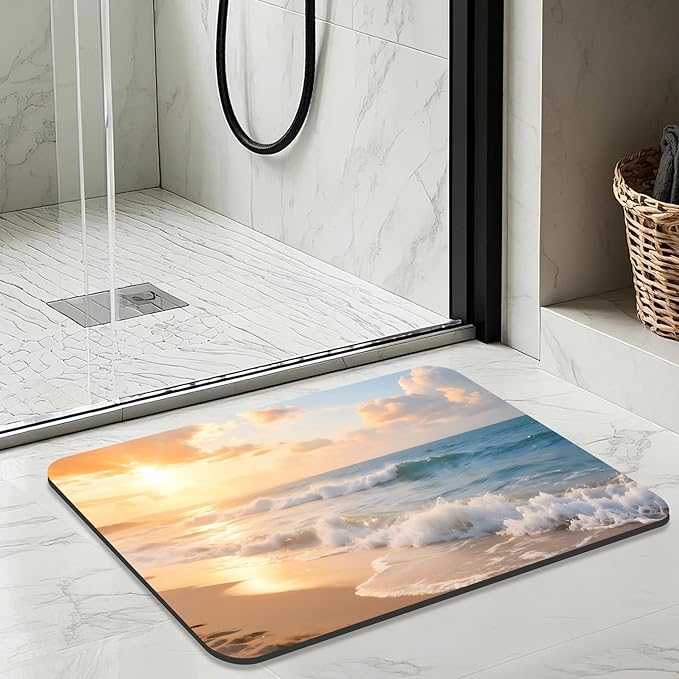 Quick Dry Bath Mat for Bathroom,Super Absorbent Beach Welcome Bath Rug Non-Slip Rubber Backing,Machine Washable Bathroom Floor Mat for Shower, Tub, Sink Area Sunrise 16x24