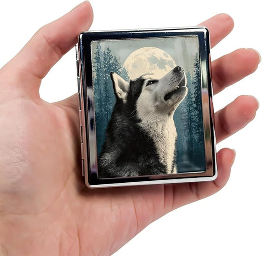 8‑Compartment Metal Pill Box Organizer – Portable Medicine Case 3″×2.6″ | Food‑Grade Dividers | Secure Snap Button Lid | Travel & Gift for Seniors (Howling at the Moon)