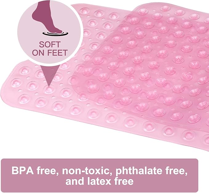 YINENN Bath and Shower Safety Mats 40x16 inch, Non Slip with Suction Cups for Bathroom Stall and Tub Floor, Extra Large and Machine Washable, Drain Holes Keep Bathtub Clean, Light Pink