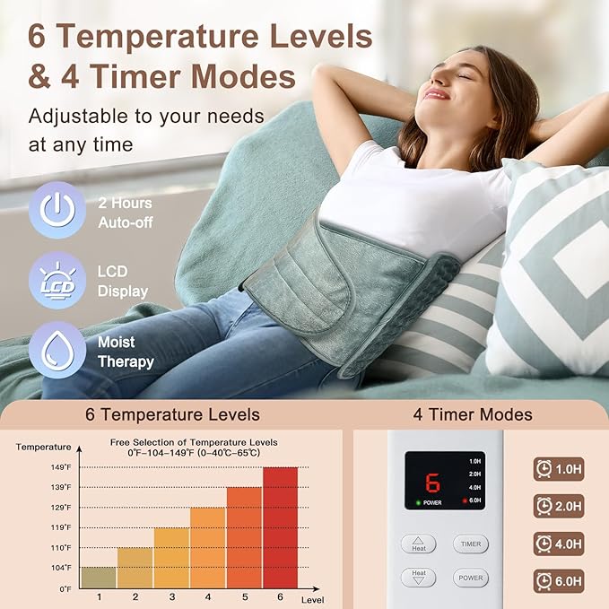 IGXHAVIZ Heating Pad for Back Pain Relief, Electric Heating Pad for Period Cramps Neck Shoulders with Belt, 4 Timer 6 Heat Setting & Auto Shut Off, 12"x24"+20" Large Moist Heat Pad for Mom,Dad