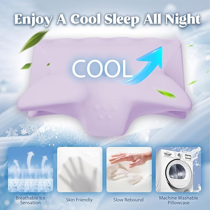 Cervical Pillow for Neck Pain Relief, Cooling Contour Memory Foam Pillows Support Odorless Ergonomic Neck Pillow Adjustable Orthopedic Bed Pillow for Side Back Stomach Sleeper with Pillowcase,Purple