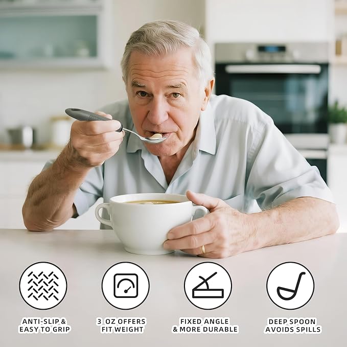 4 Pcs Adaptive Utensils for Elderly, 45° Angled Built Up Handle Utensils for Adults, Arthritis Silverware for Parkinsons Patients, Eating Utensils for Hand Tremors(Right-Handed)