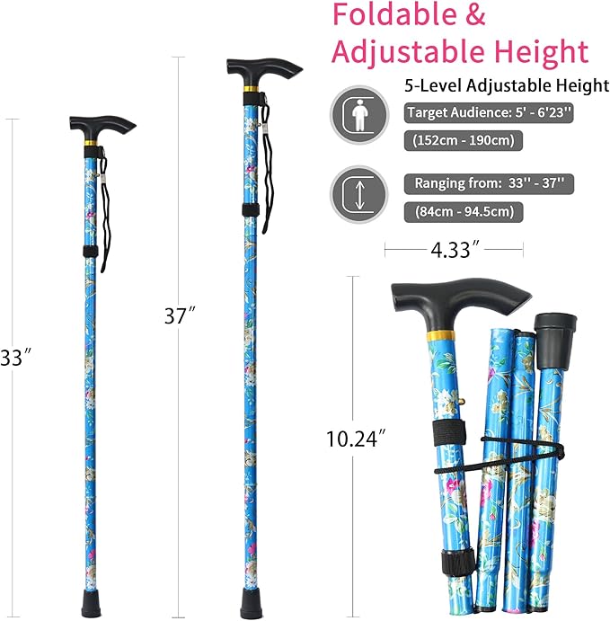 Folding Cane, 5-Level Adjustable Height Lightweight Portable Foldable Walking Canes with Wrist Strap and T Handle for Men Women Seniors