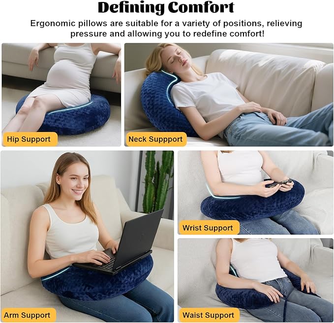 IFOYO Ergonomic Gaming Pillow for Lap, Blue U-Shaped Crochet Pillow for Lap Support, Soft Reading Pillows Provide Arms Legs Neck Support to Long Gaming Sessions, Crocheting, Reading, Working
