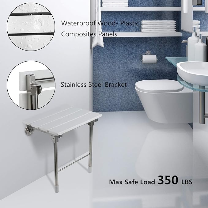 Folding Shower Seat Wall Mounted with Legs, Foldable Shower Chair for Inside Shower, Fold Down Shower Bench for Seniors (White, Fixed Height)