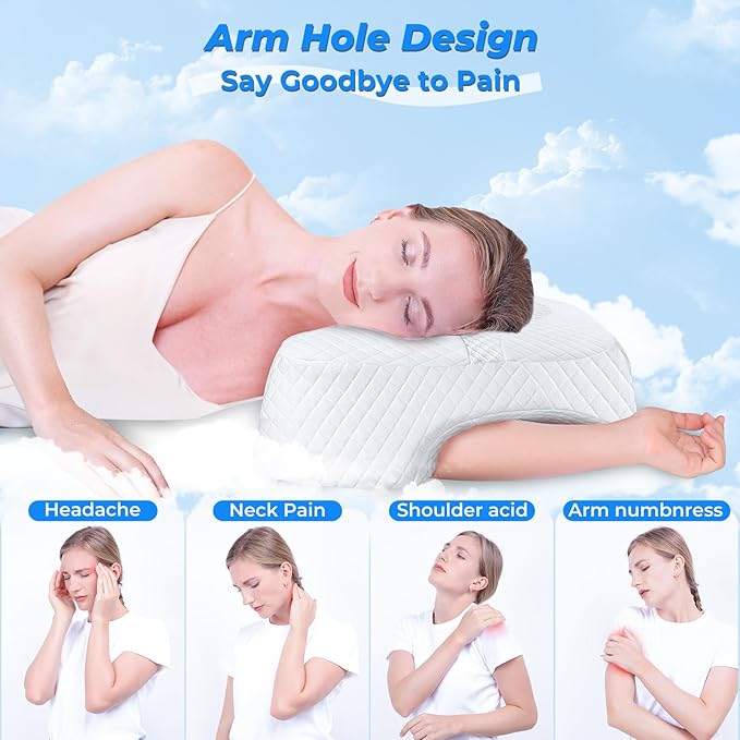 SAHEYER Side Sleeper Pillow with Arm Hole, Upgraded Memory Foam Shoulder Pillow for Neck Pain Relief, Adjustable Multi-Angle Arm Tunnels Support for Adults Pressure-Free Sleep (White)