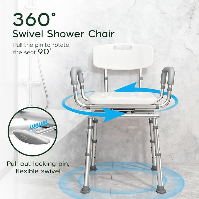 Swivel Shower Chair with Arms and Back, 450lbs Heavy Duty Shower Chair for Elderly and Disabled, Handicap Shower Chairs for Inside Shower Stool & Bath Tub Seat for Adults