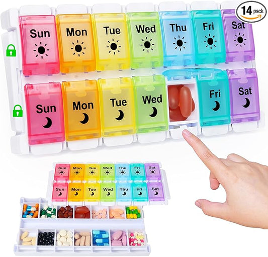 HRX Package Medicine Pill Boxes 7 Day AM/PM, Easy Fill & Open Medication Organizer Vitamin Reminder Holder Day and Night