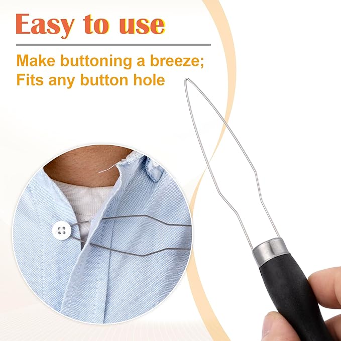 Easy Button Hook, Steel Button Helper Tool for Elderly, Wide Wood Handle Buttons Fastener Device Assist Dressing Aid Tool for Seniors One Hand - 1 Pack, Black