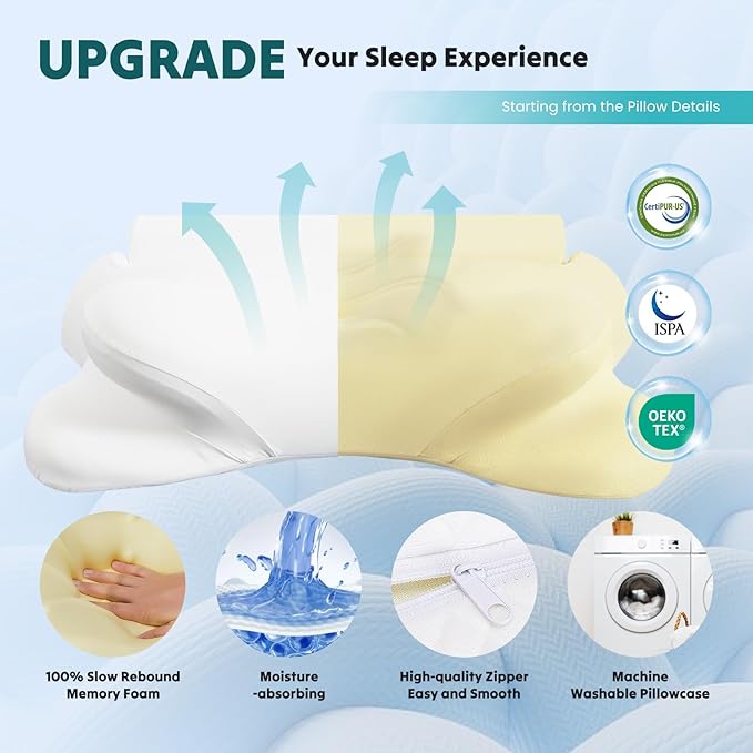 DUMOS Cervical Neck Pillow for Sleeping, Cooling Ergonomic Memory Foam Pillow with Arm Rest Slot and Ice Silk Pillowcase, Dual Height Orthopedic Support Contour for Side, Back, Stomach Sleepers