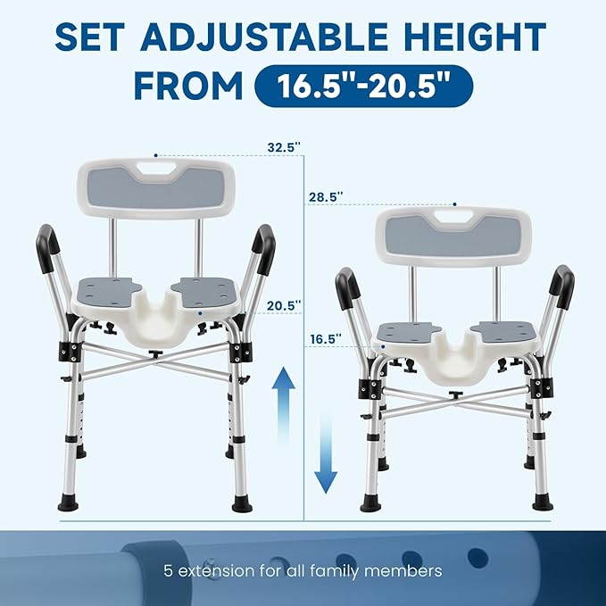 U-Shaped Shower Chair for Inside Shower, 600lbs Heavy Duty Shower Chair for Elderly and Disabled, Shower Chair with Arms and Back, Height Adjustable Bath Chairs for Seniors