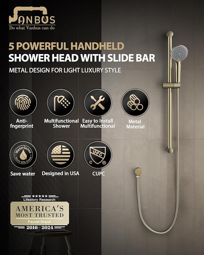Handheld Shower Head with Adjustable 30-Inch Shower Slide Bar and 59-Inch Hose, 5-Function 3.2GPM High Pressure Handheld Shower Head with Drop Ell and Holder, Brushed Gold