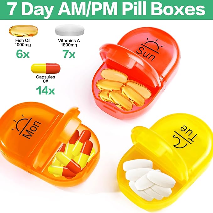 Serfeymi Weekly Travel Pill Organizer 2 Times A Day AM PM Upgraded Rainbow Pill Box 7 Day with Portable Zipper Canvas Pill Case, Medicine Organizer for Pills, Vitamins, Fish Oils - Purple 01