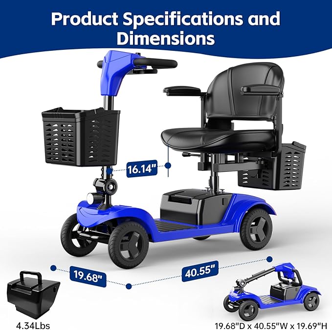 Mobility Scooter,Folding Motorized Scooter,300 lbs Capacity, Equipped with 300W Motor,Removable Battery,Dual Baskets,15 Miles Travel,Suitable for All Terrains (Blue)