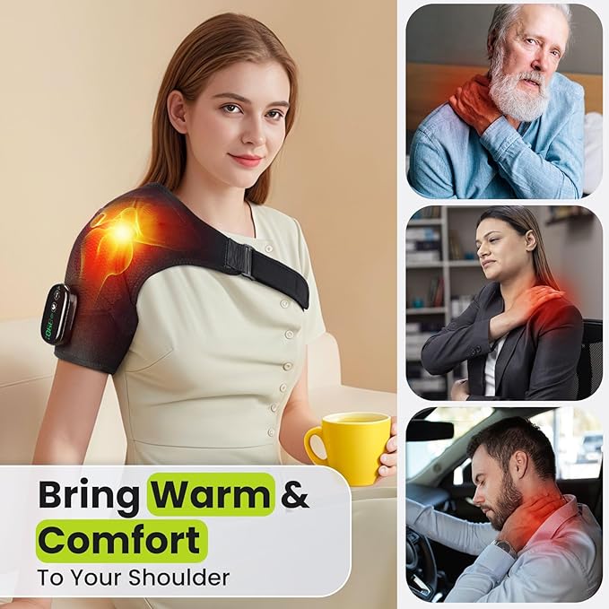 Cordless Shoulder Heating Pad with Vibration for Rotator Cuff Pain Relief, FSA Eligible HSA Heated Shoulder Massager, Rotator Cuff Support Brace with 3 Heating Levels &3 Vibration (Black)