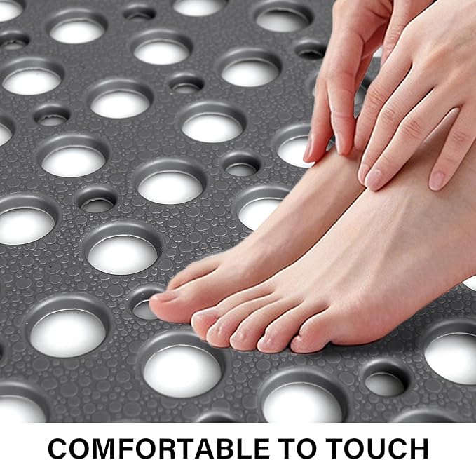 Square Shower Mat Non Slip, 27" x 27" Large Shower Mats for Inside Shower, Soft TPE Shower Floor Mat with Suction Cups and Big Drain Holes, Anti Slip Shower Stall Matt, Grey