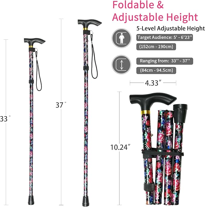 Folding Cane, 5-Level Adjustable Height Lightweight Portable Foldable Walking Canes with Wrist Strap and T Handle for Men Women Seniors