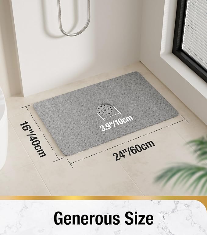 HITSLAM Shower Mat with Center Drain Hole, 24 x 16 Inch Non Slip Bath Mat for Textured Tub, Soft Loofah-Style Bathtub Mat Without Suction Cup, Quick Drying Stall Floor Mat, Bathroom Accessories, Grey