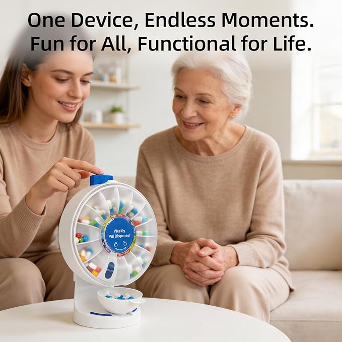 Standing Daily Pill Dispenser 14-Day Organizer - One-Touch Button with Child Lock,Weekly Pill Organizer Vitamin Medicine Case with Tweezer for Seniors, Caregivers, Adults