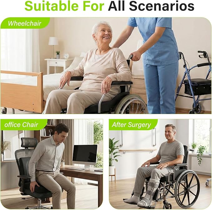 Bed Sore Wheelchair Cushions, 2-Piece Set - Wheelchair Lumbar Pillow,Gel Infused Seat Cushion, 18”x16” for Sciatica, Back & Coccyx Pain，Bedsore Pressure Relief, with Anti-Slip&Washable Cover