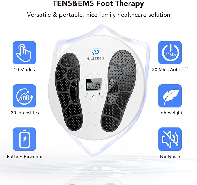 EaseZen Foot Massager for Neuropathy, TENS & EMS Foot Circulation Stimulator for Pain Relief, 10 Modes and 20 Intensities, Relieve Swelling, Cramps, RLS & Plantar Fasciitis - Gifts for Mom Dad