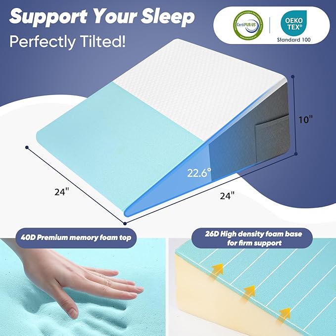 Bed Wedge Pillow for Sleeping, Reading & Resting, 10 inch Cooling Memory Foam Incline Pillow Wedge for Adults Seniors, Ideal for Couch, Bedroom & Living Room, Removable Washable Cover